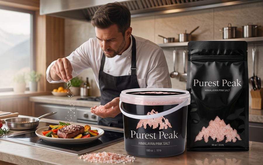 Chef seasoning a dish with Purest Peak salt in a kitchen