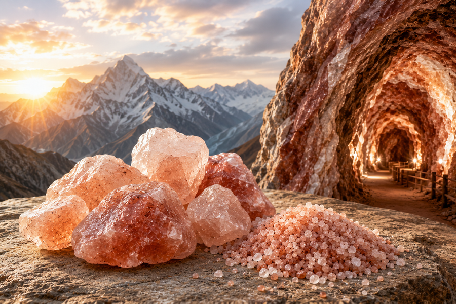 Himalayan salt mine and raw salt rocks against a mountain sunrise